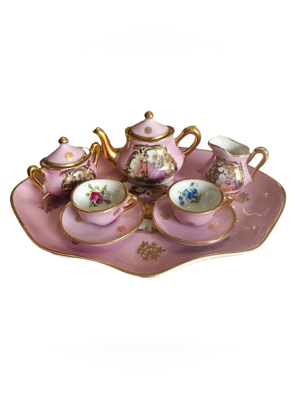 Vintage Limoges France Miniature Tea Set Courting Couple Pink Gold Filigree